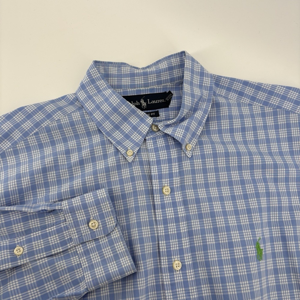 Ralph Lauren Men's‎ Blue And White Plaid Button Down Shirt Size Large Green Pony